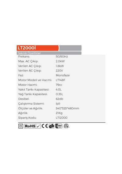 Lutian LT2000İ Yeni Nesil Euro 5 Sessiz 2 KW - 21 KG Benzinli İnverter Jeneratör