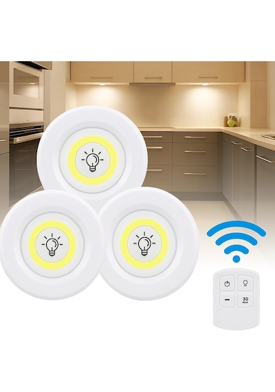 Hero 3 Lü Kablosuz Led Spot Işık Seti Uzaktan Kumandalı, Yapışkan Bantlı, Pilli, 3w Cob Led,
