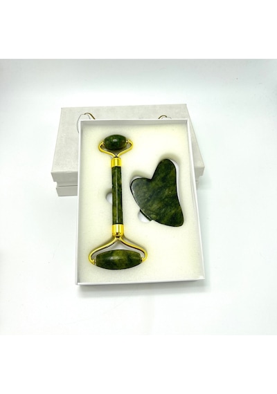 Yıldız Doğal Taş Sertifikalı Yeşim Roller + Gua Sha Doğal Taş Masaj Aleti