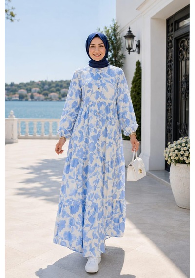 Hb Harma Time Butik Kadın Düğmeli Desenli Modal Kumaş Beyaz Elbise