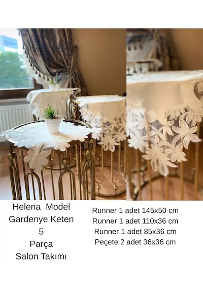 Salon Takımı Çeyizlik Helena Model Krem 5 Parça Keten Dantelli Runner Seti Çok Renkli