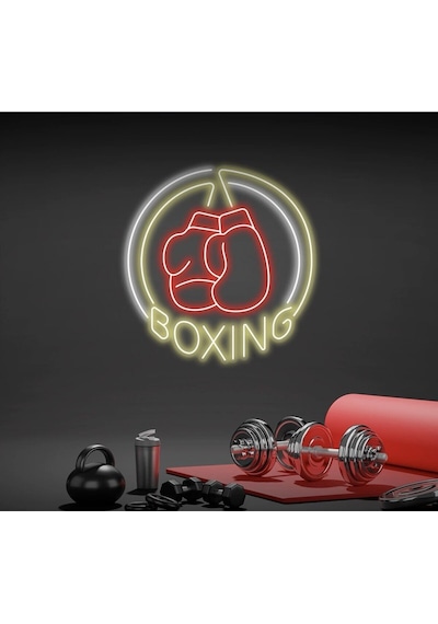 Boxıng Yazılı Ve Boks Eldiveni Figürlü Neon Tabela Sarı