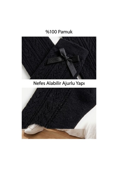 Hepsine Rakip Kadın Diz Altı Dantel Görünümlü Ajurlu Çorap 6 Çift %100 Pamuklu Şık Tasarım Siyah