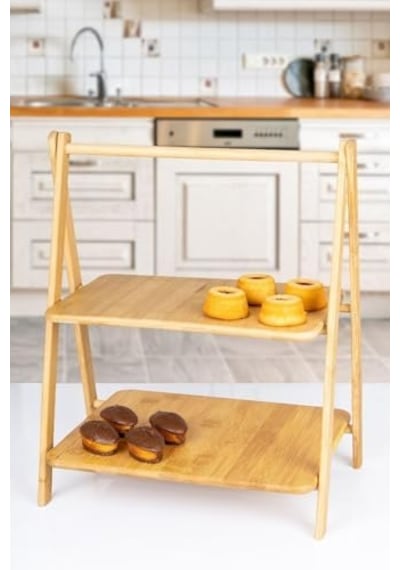 2 Katlı Dikdörtgen Bambu Servis Sunum Seti Büyük Boy, Kuru Pasta, Kurabiye Ve Kek Sunumları İçin Büyük Boy 38cm-30cm-22.5cm Açık Bej