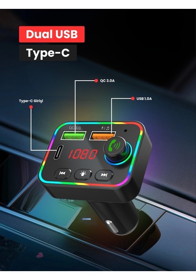 Bluetooth 5.3 Araç İçi Fm Transmitter Pd 25w Qc 3.0 Çift Usb Ekranlı Handsfree