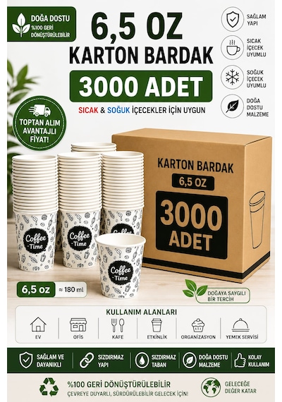 6,5 Oz Karton Bardak 3000 Adet Sıcak & Soğuk İçecek Uyumlu Tek Kullanımlık Dayanıklı Kağıt Bardak