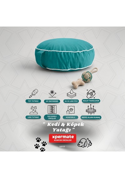 Xpermate Fermuarlı Kedi ve Köpek Minderi Yuvarlak Kedi Minderi Yıkanabilir Kedi Köpek Yatağı Turkuaz