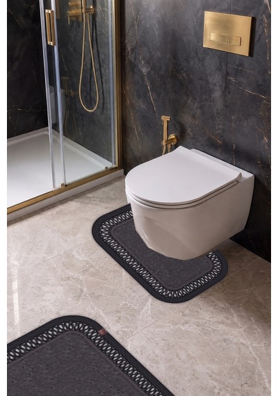 Banyo Paspası Takımı 70x110+50x70 Cm İç Trikot Antrasit Gri & Siyah