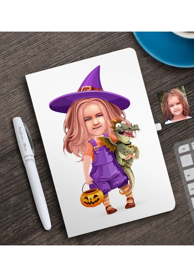 Kişiye Özel Küçük Cadı Karikatürlü Beyaz Defter Ve Kalem S