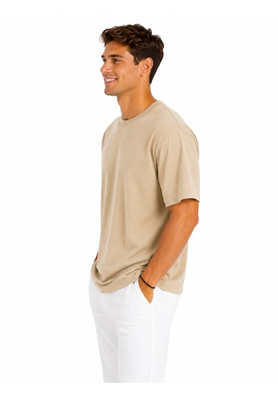 Vasto Moda Erkek Tam Oversize Kalıp Kalın Dokulu Organik Pamuk Bisiklet Ribana Yakalı Bej T-shirt