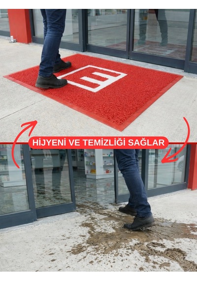 Beylini Eczane Önü Paspası E Logo Giriş İşyeri Eczane Mağaza Girişi Kapı Önü Kıvırcık Hijyen Halısı 60x80 Cm Kırmızı
