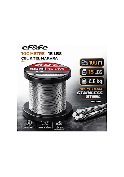 Effe Hg2501 Çelik Tel Makara 100m 15lbs 6.8kg Nylon Coating Stainless Steel