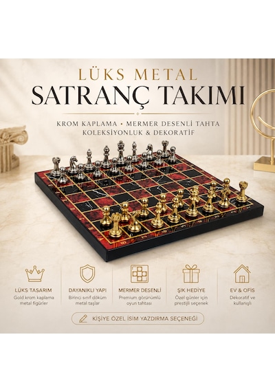 Lüks Metal Satranç Takımı Krom Figürlü 20x20 Cm Kırmızı Tahta Dekoratif Koleksiyon Hediye Seti Özel