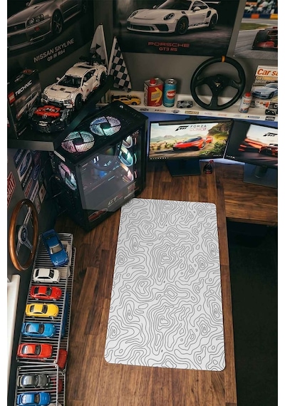 Beyaz Siyah Topografik Harita 40x90 Cm Oyuncu Mousepad Kaymaz Taban Büyük Boy Mousepad