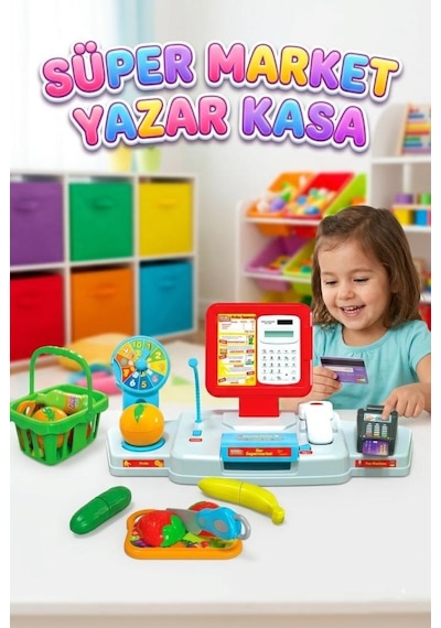 Yazar Kasa Süpermarketim Işıklı Sesli Hesap Makinalı Kesilebilir Meyveli Barkod Okuyuculu Oyun Seti