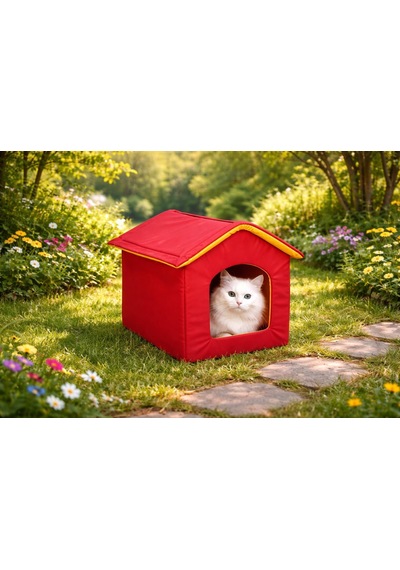 Pırıl Dış Mekan Su Geçirmez Sabitlenebilir Fermuarlı Jumbo Kedi Köpek Evi Sarı Kırmızı 52x48x48cm