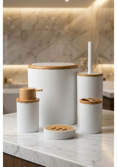 Makri Home Beyaz Bambu Desenli 5 Parça Banyo Seti Çöp Kovası, Wc Fırçalık, Sıvı Sabunluk, Diş Fırçalık,sabunluk