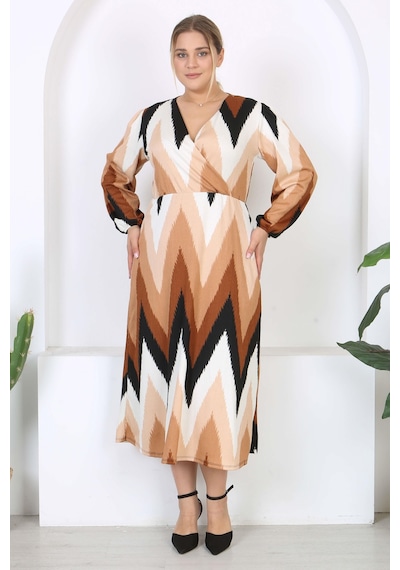 Mooi Xxl Kadın Kahve Zigzag Desen Kruvaze Yaka Balon Kol Maxi Boy Bürümcük Elbise Kahverengi