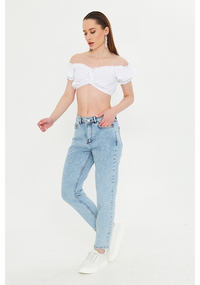 Kutaf Kar Yıkama Açık Mavi Slim Fit Mom Jean Açık Mavi