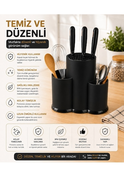 Tezgah Üstü Bölmeli Bıçaklık - Kaşık Kepçe Bıçak Standı Mutfak Düzenleyici Organizer Kaşıklık Siyah S-10137