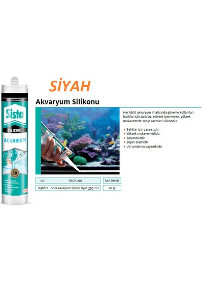 Sista Siyah Akvaryum Silikonu Balıklar İçin Zararsız Solventsiz 340 Gr 280ml 1 Adet