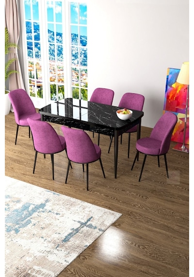 Canisa Concept Zen Serisi 80x132 Mdf Açılabilir Siyah Mermer Desen Masa Takımı Ve 6 Mor Sandalye Masa Siyah Sandalyeler Mor Canisa Concept Zen Serisi 80x132 Mdf Açılabilir Siyah Mermer Desen Masa Takımı Ve 6 Mor Sandalye Masa Siyah Sandalyeler Mor