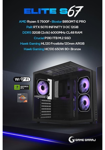 Game Garaj Elite S67 R5-7500F 32 GB 1 TB SSD 12 GB RTX5070 Free Dos Masaüstü Oyuncu Bilgisayarı