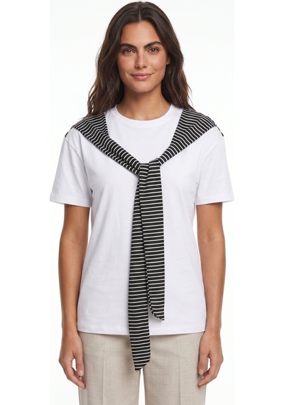 Onloox Kadın Beyaz Beyaz Pamuklu Bisiklet Yaka Rahat Kesim Çizgili Şal Bağlama Detaylı Kısa Kollu T-shirt Onloox Kadın Beyaz Beyaz Pamuklu Bisiklet Yaka Rahat Kesim Çizgili Şal Bağlama Detaylı Kısa Kollu T-shirt