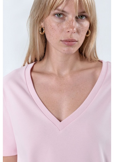 Hiccup Busem V Yaka Düz Regular Fit Pamuk T-shirt Toz Pembe