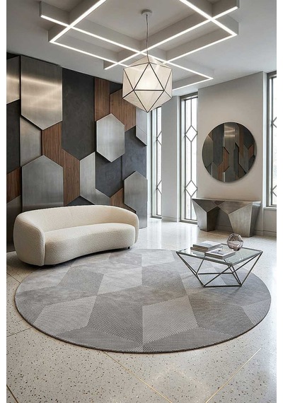 Geometrik Küp Desenli Prato İpeksi Lüks Viskon Yuvarlak Halı Pr01 Gri Gri-krem