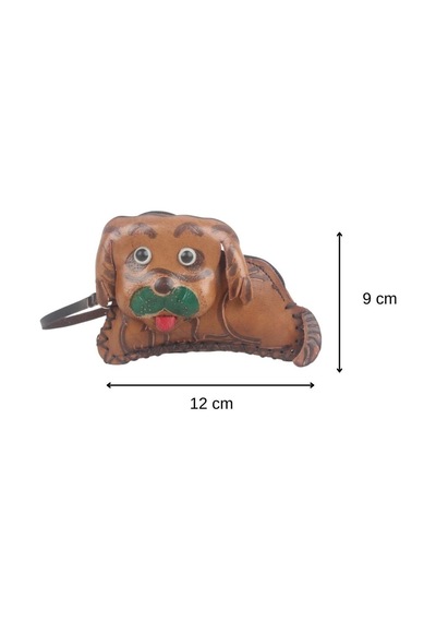 El Yapımı Hakiki Deri Köpek Tasarımlı Kadın Cüzdan Fermuarlı Kartlık Bozuk Para Anahtarlık Kahverengi