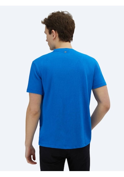 Kip Saks Düz Bisiklet Yaka Pamuk Karışımlı T-shirt Saks