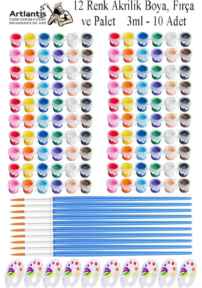 Akrilik Boya 3 Ml 12 Renk Resim Fırçası Ve Paleti 10 Paket Mini Küçük Akrilik Boya Taş Ahşap Seramik Tuval Alçı Tuval