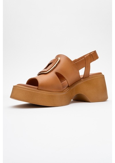 Luvishoes Lucıa Taba Tokalı Hakiki Deri Kadın Dolgu Topuklu Sandalet Taba