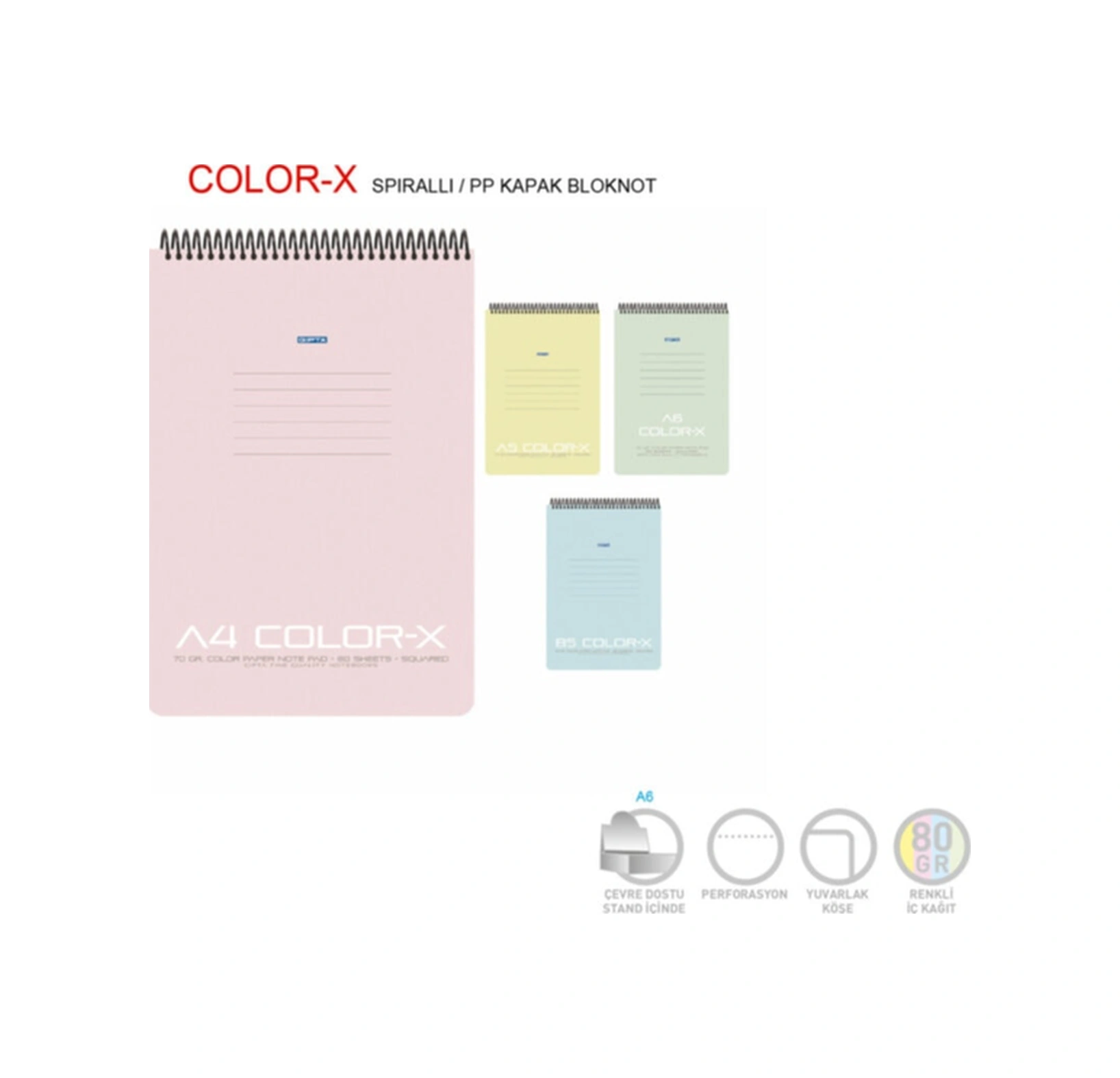 Color-x A4 80 Yaprak Çizgili Üstten Spiralli Defter Çok Renkli