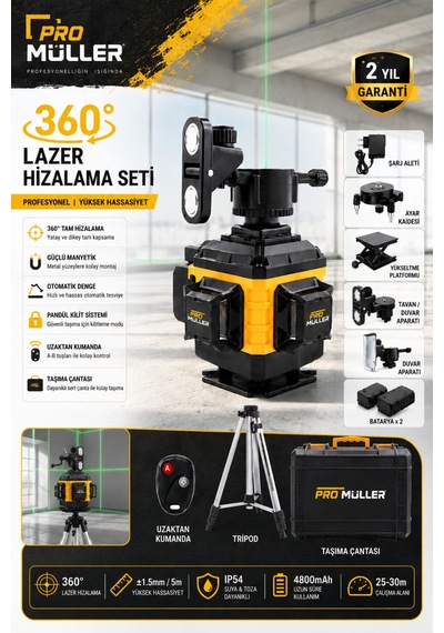 Pro Müller Profesyonel Otomatik Hizalama 16 Köşe 360 Yeşil Lazer Çizgi Hizalama Terazi Tripod Ayak