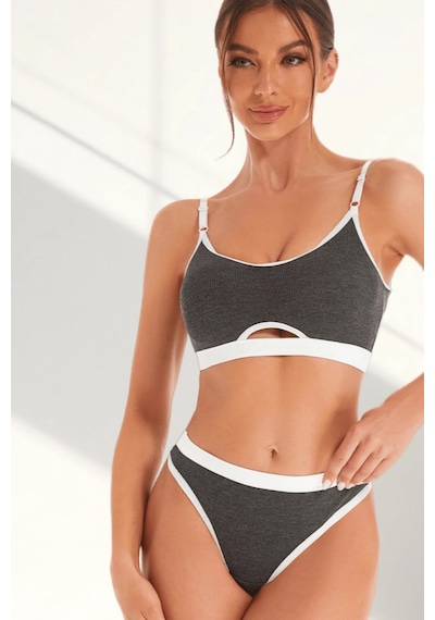 Ang Butik Kadın Gri Antrasit Kaşkorse Ve Beyaz Lastikli Cut-out Tanga Külotlu Takım Antrasit Gri