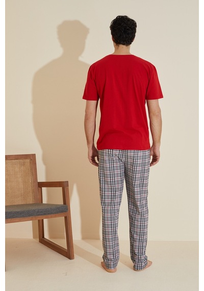 Siyah İnci Bisiklet Yaka Baskılı Örme Pijama Takım 25109842 Kırmızı
