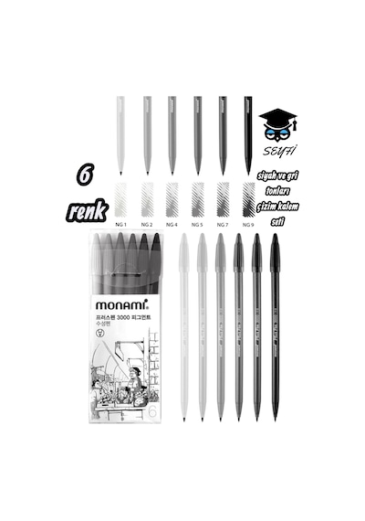 Monami 6 Renk Siyah Ve Gri Renk Tonları Çizim Kalem Seti 0.4 Mm İnce Uç
