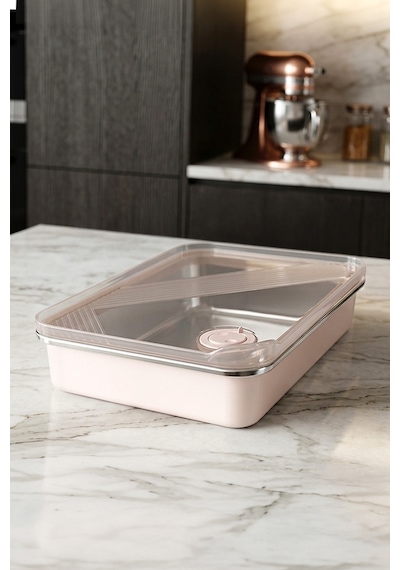 Stainless Paslanmaz Çelik Vakumlu Saklama Kabı,fırın Ve Kek Kabı 3 Lt Yemek Kabı Sefer Tası Pembe