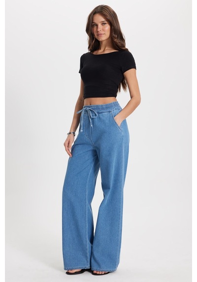 Tudors Kadın Relax Fit Rahat Kesim %100 Pamuk Beli Bağcıklı Lastikli Denim Efektli Açık Mavi Palazzo Pantolon-50830 Tudors Kadın Relax Fit Rahat Kesim %100 Pamuk Beli Bağcıklı Lastikli Denim Efektli Açık Mavi Palazzo Pantolon-50830