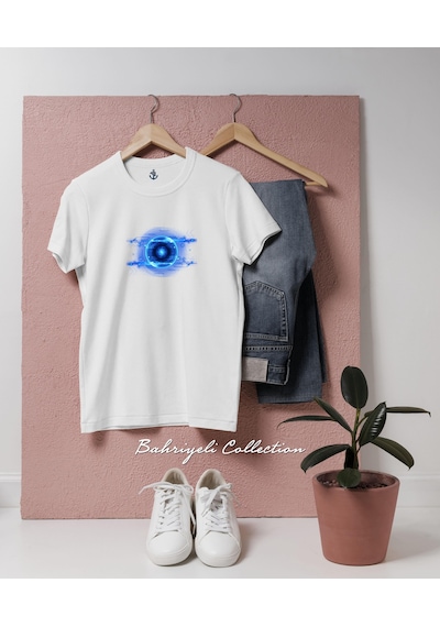 Oversize Light Eye Science And Technology Blue Effect Tasarımlı Unisex T-shirt Beyaz