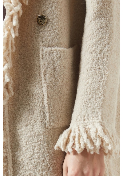 Marella Cascata Bouclé Ceket, Çift Düğmeli, Püskül Detaylı Zarif Dış Giyim Krem