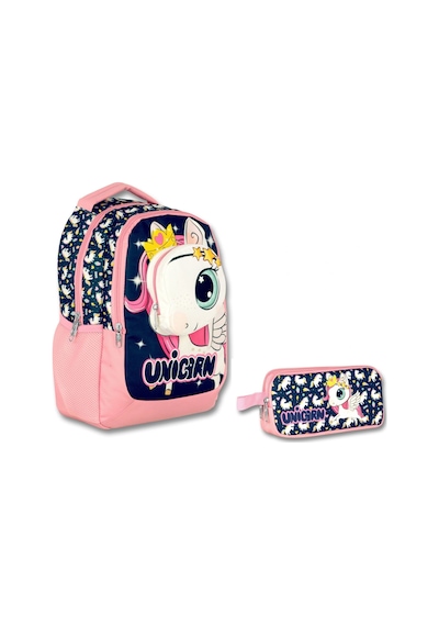 Cennec 3 Boyutlu Kız Çocuk Lacivert-pembe Unicorn İlkokul Çantası Ve Kalemlik Seti