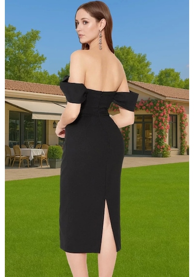 Ersefa Moda Fit Mezuniyet Balo Finike Dokuma Carmen Yaka Kısa Kol Bodyco Siyah
