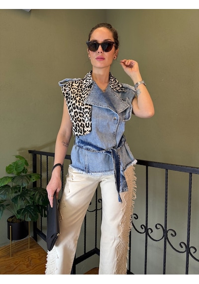 Ali Butik Leopar Detaylı Denim Yelek
