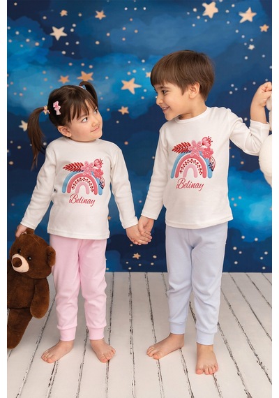 Pia Baby İsimli Kız Çocuk Pijama Takımı %100 Pamuk Penye İsme Özel Baskılı Kişiselleştirilebilir Pijama Seti 20298s14pi Krem