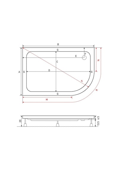 Shower 70X100 Oval Asimetrik Duş Teknesi