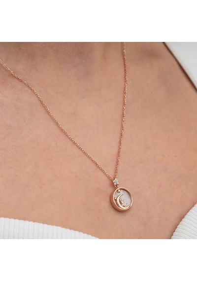 Gümüş Rose Sedef Taşlı Ay Yıldız Hilal Kadın Kolye Rose