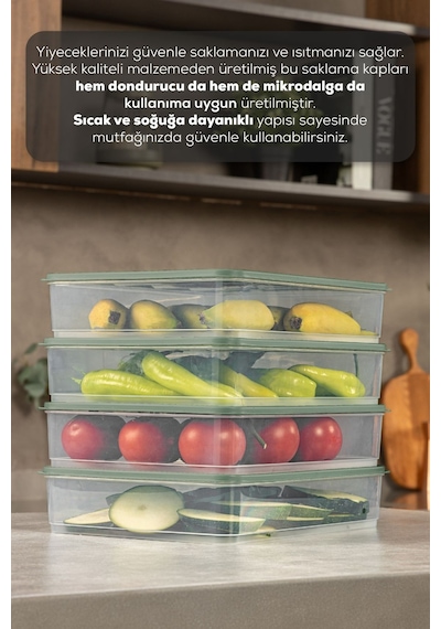 Vienev 4lü 3,5 Litre Buzdolabı Dondurucu Organizer Mikrodalga Ve Difrize Uygun Saklama Kabı Yeşil